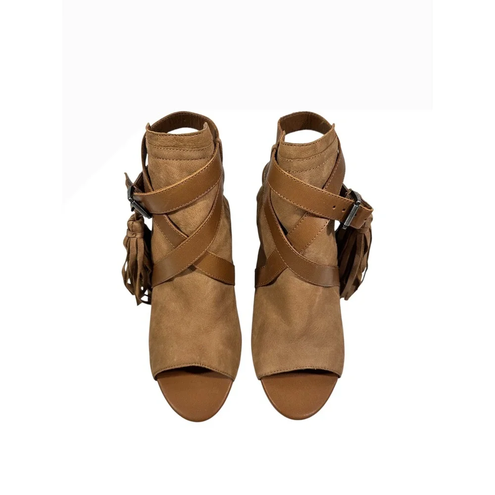 Sam Edelman Vermont Tan Leather Fringe Tassel Block Heel Sandals Womens 9.5